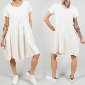 Rundholz Black Label Tunic Dress Flared Hemline Rose Print Check Beige White